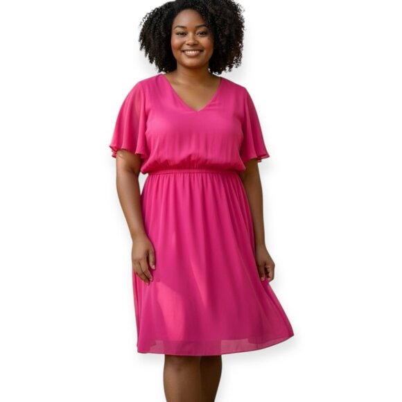NWT Torrid 3X Hot Pink Flutter Sleeve Chiffon Dress Plus Size Lined Flowy - Picture 1 of 10